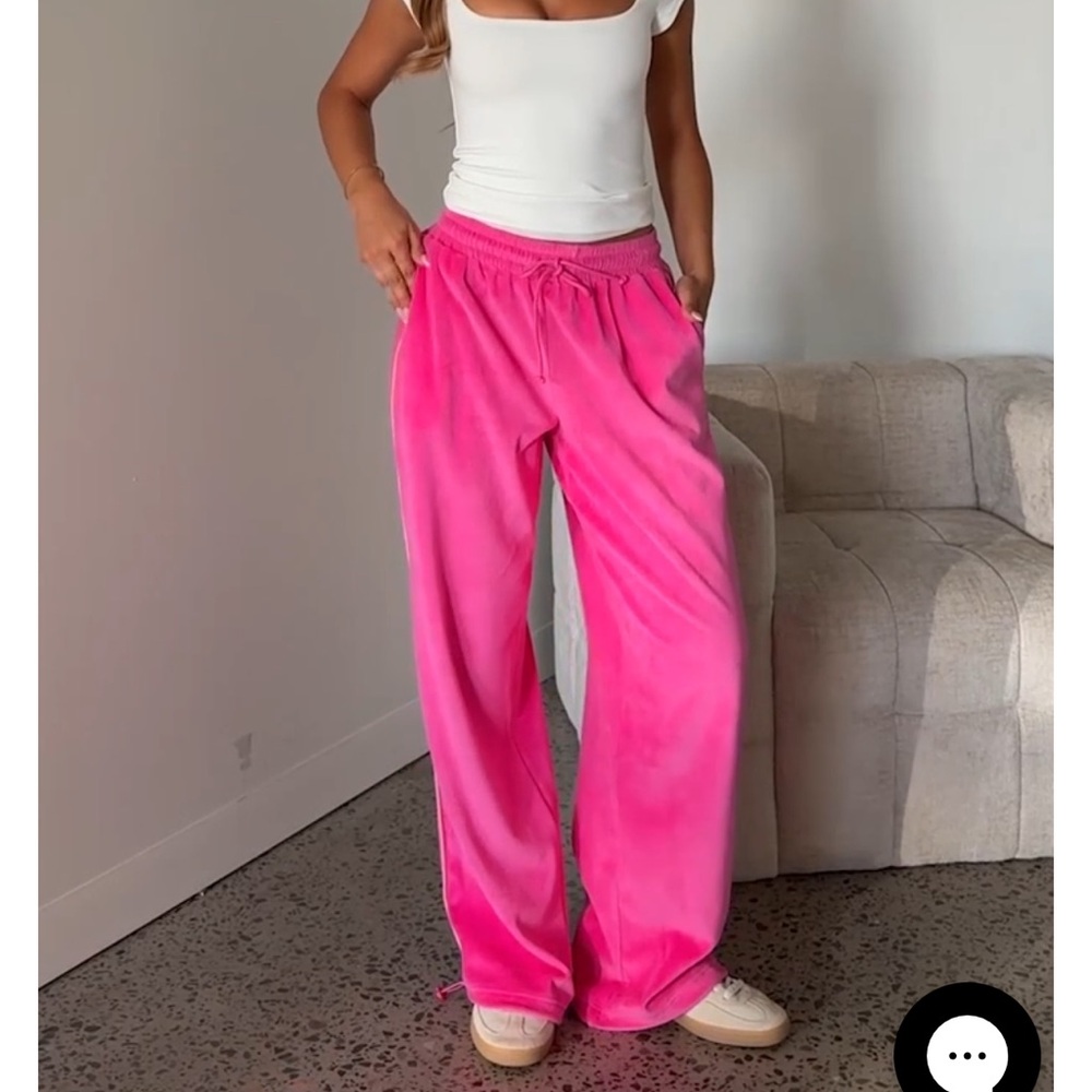 White fox Wide Leg Drawstring Pants in Hot Pink